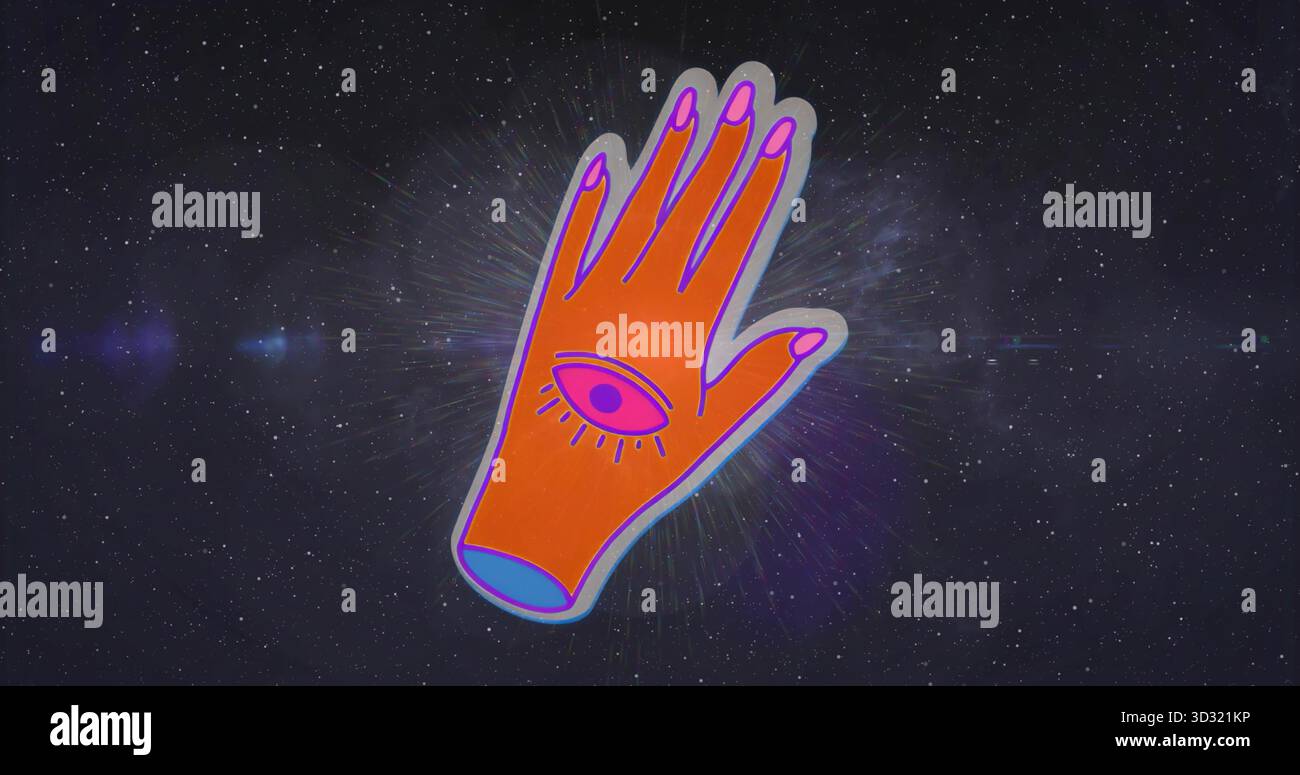 Schwebender orangefarbener Handschuh mit lila Umrandung und pinkfarbenen Spitzen im kosmischen Hintergrund mit magentafarbenem Auge Stockfoto