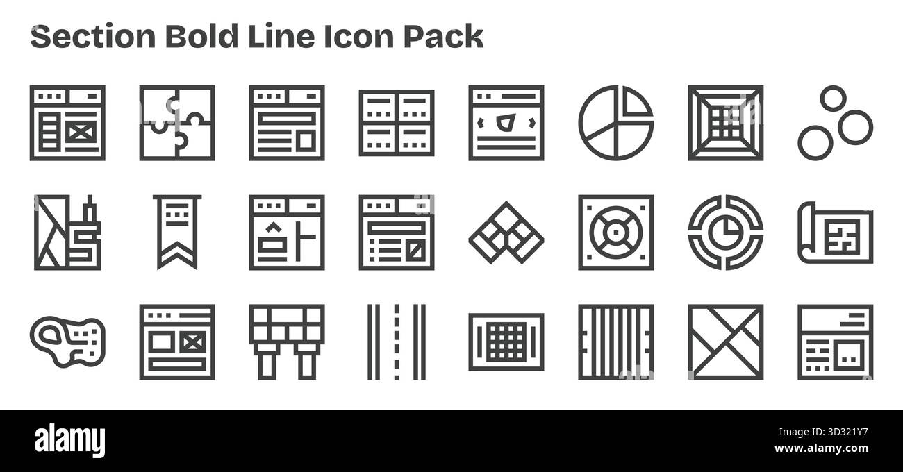 Eine übersichtliche Sammlung von 24 fett formatierten Gliederungssymbolen für Abschnitt, die für moderne Dashboards und Schnittstellen entwickelt wurden. Stock Vektor