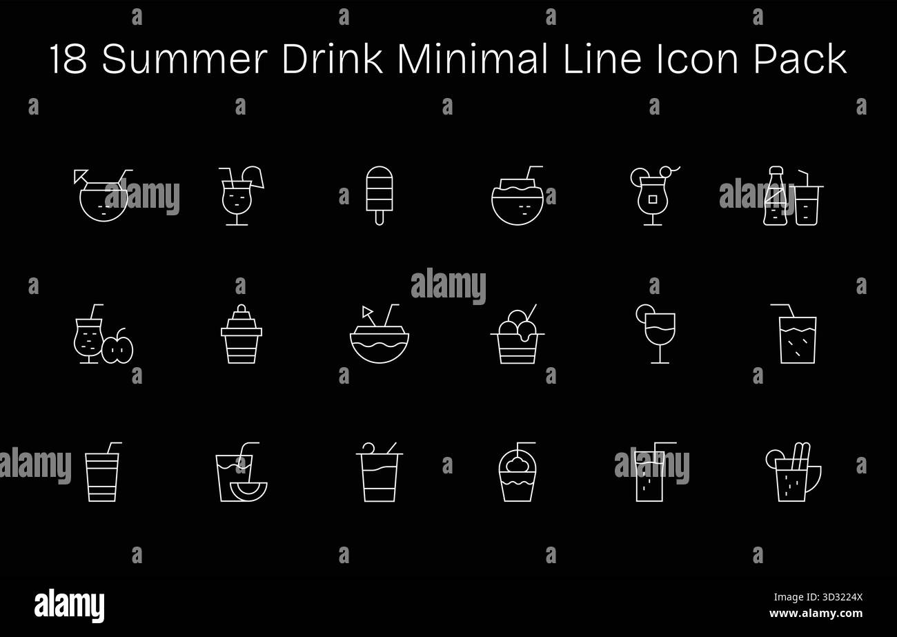 Entdecken Sie ein Set aus 18 Symbolen der Minimal Line, die speziell für das Thema Sommergetränk entwickelt wurden und ideal für moderne UI/UX-Projekte sind. Stock Vektor