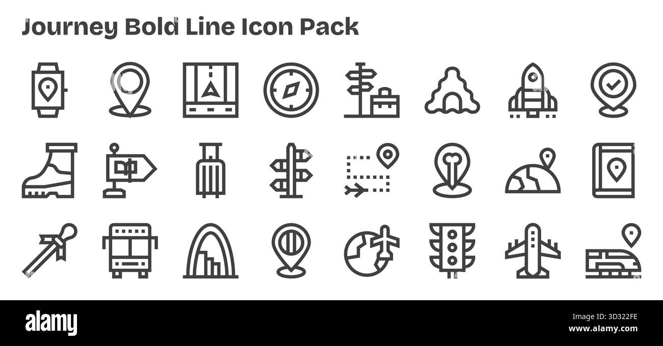 Kuratiertes Paket mit 24 Vektorsymbolen in fettgedrucktem Outline-Design, das sich um die Konzepte der Reise dreht. Stock Vektor