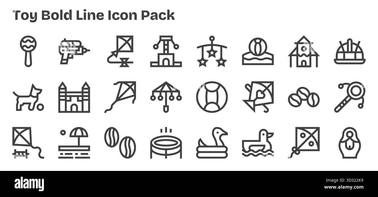 Optimieren Sie Ihre Projekte mit 24 fett formatierten Symbolen rund um Spielzeug, ideal für saubere und professionelle Designs. Stock Vektor