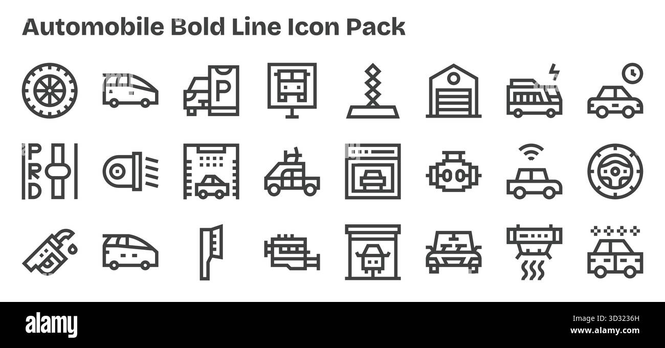 Professionell gestaltete 24 Symbole im Bold Outline-Stil, die das Wesen des Automobils für das UI-Design einfangen. Stock Vektor