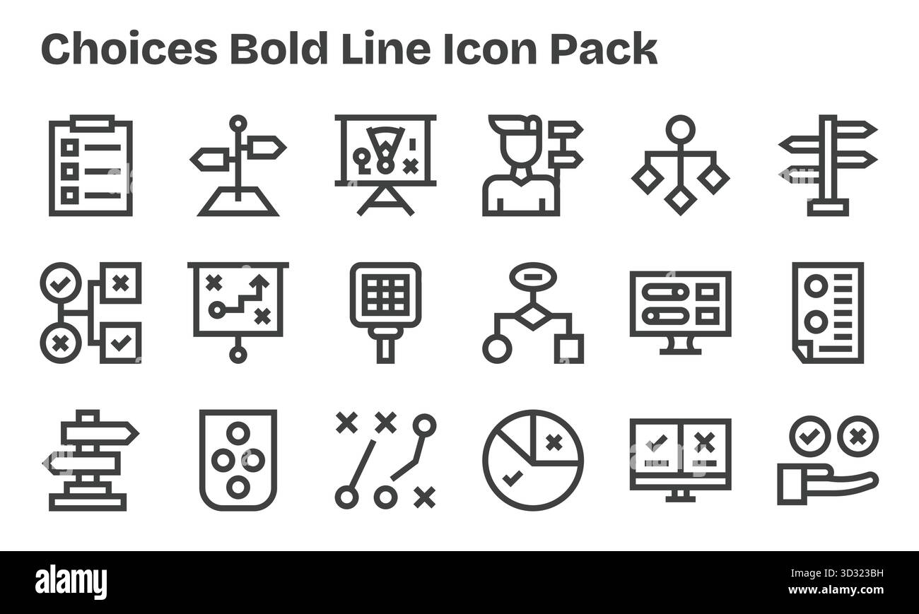 Set aus 18 Symbolen im Stil der Fettlinie, die sich um Auswahlmöglichkeiten drehen und für die nahtlose Integration in Apps und Websites entwickelt wurden. Stock Vektor