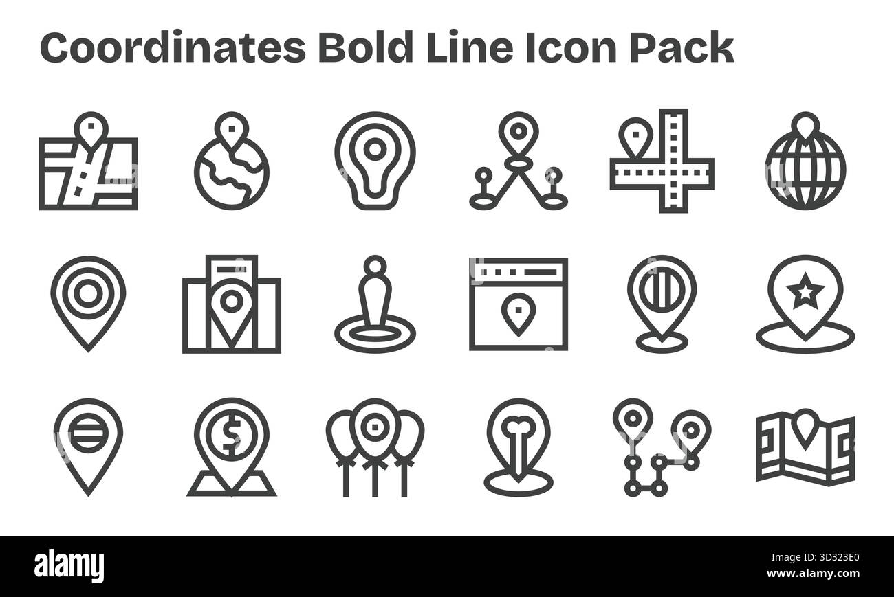 Ein dynamischer Satz von 18 Symbolen im Bold Line-Stil, speziell für Koordinaten und digitale Produkte. Stock Vektor
