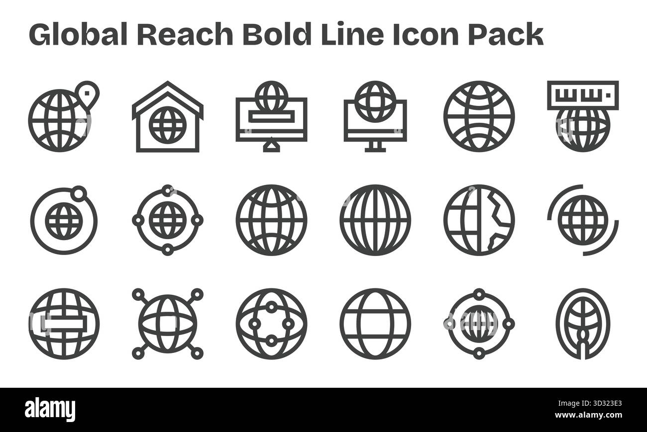 Kuratiertes Paket mit 18 Vektorsymbolen in Bold Line-Design, das sich um Global REACH-Konzepte dreht. Stock Vektor