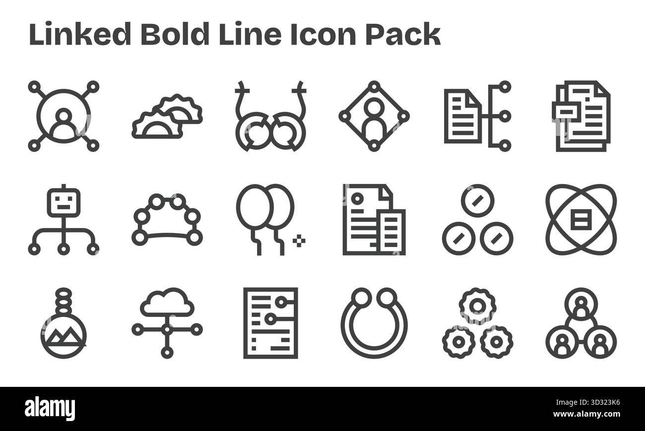 Dieses Paket mit verknüpften Symbolen enthält 18 Vektoren mit fettgedruckter Linie, die sich perfekt für die Verbesserung digitaler Schnittstellen eignen. Stock Vektor