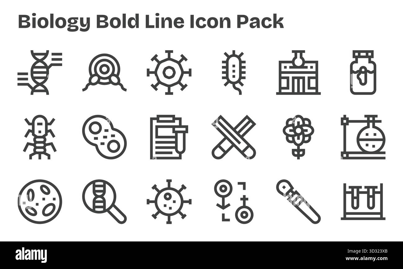 Kuratiertes Paket mit 18 Vektorsymbolen im Bold Line Design, das sich um Biologiekonzepte dreht. Stock Vektor