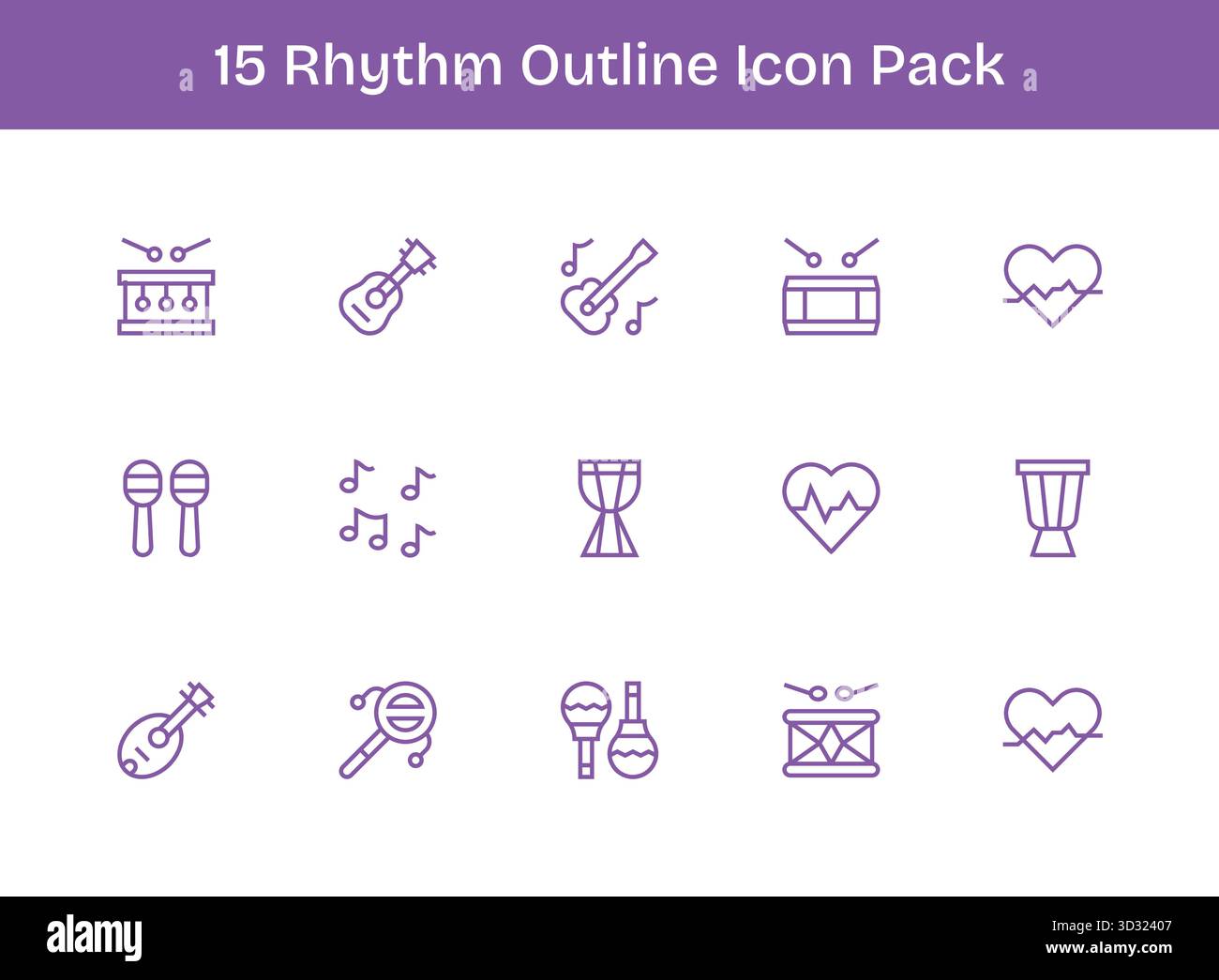 Ein dynamischer Satz von 15 Symbolen im Outline-Stil, speziell für Rhythmus und digitale Produkte. Stock Vektor