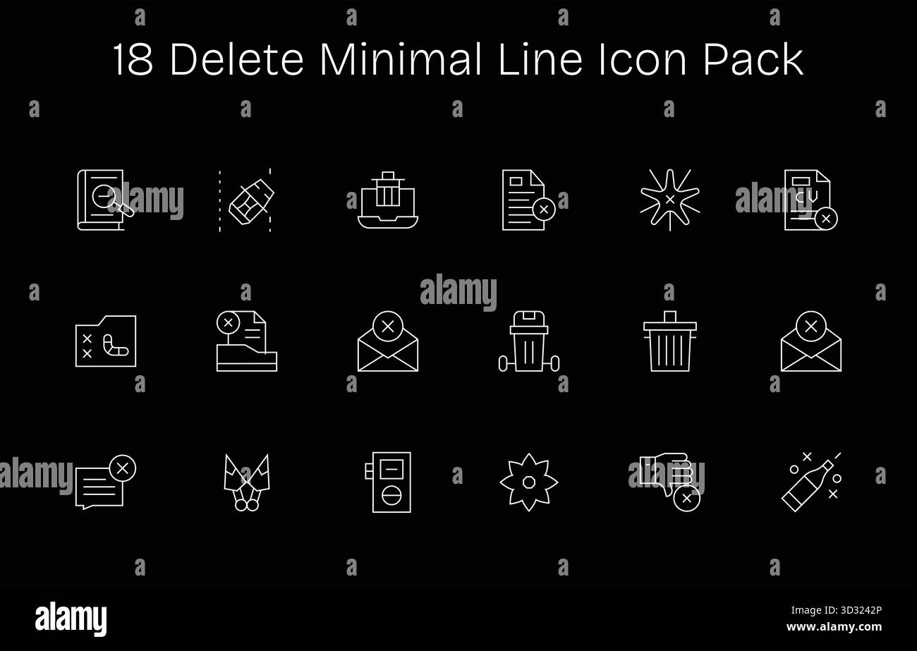 Diese Kollektion umfasst 18 Symbole im minimalen Linienstil, die speziell auf das Thema „Löschen“ abgestimmt sind und sich hervorragend für digitales Design eignen. Stock Vektor