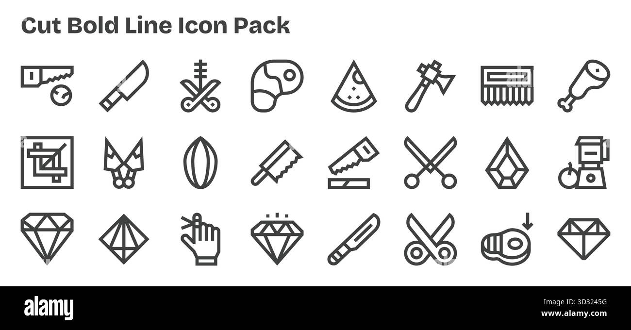 Entdecke 24 Bold Outline-Vektorsymbole, die von Cut inspiriert wurden. Perfekt für Web- und App-Schnittstellen. Stock Vektor