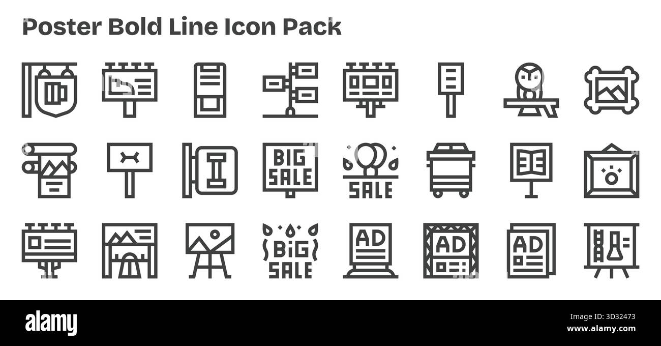 Laden Sie 24 skalierbare, fettgedruckte Symbole für Poster herunter, die für professionelle und kreative Projekte geeignet sind. Stock Vektor