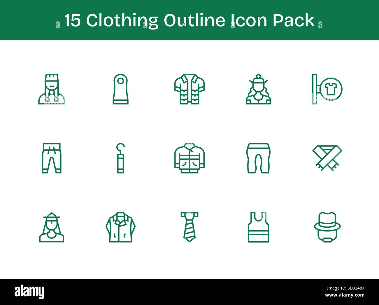 Ein vielseitiger Satz von 15 Konturvektorsymbolen für Kleidung, ideal für mobile Anwendungen und Webanwendungen. Stock Vektor