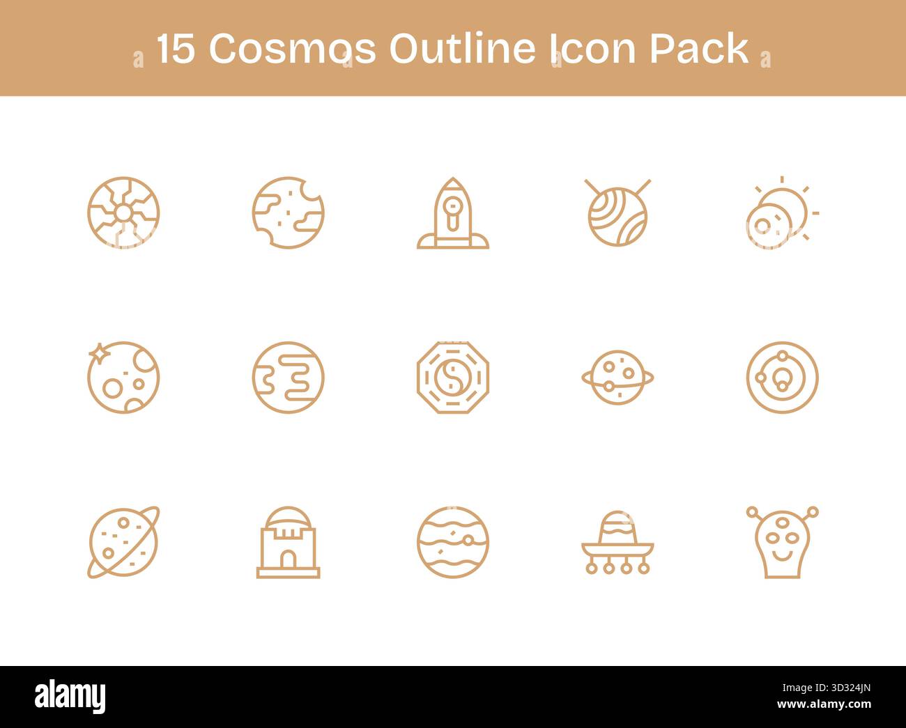 Ein vielseitiger Satz von 15 Konturvektorsymbolen mit Schwerpunkt auf Cosmos, ideal für mobile und Web-Anwendungen. Stock Vektor