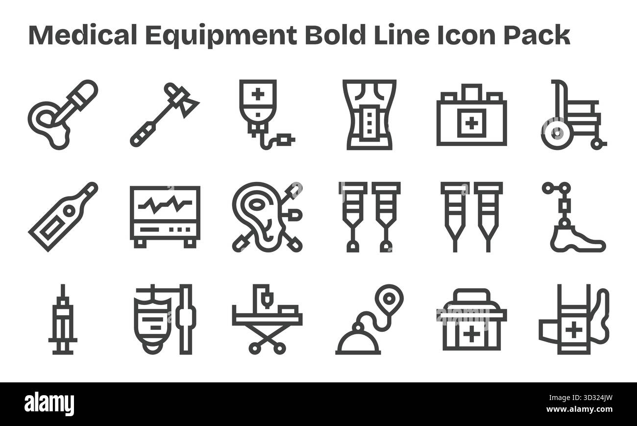 Ein dynamischer Satz von 18 Symbolen im Bold Line-Stil, speziell für medizinische Geräte und für digitale Produkte. Stock Vektor