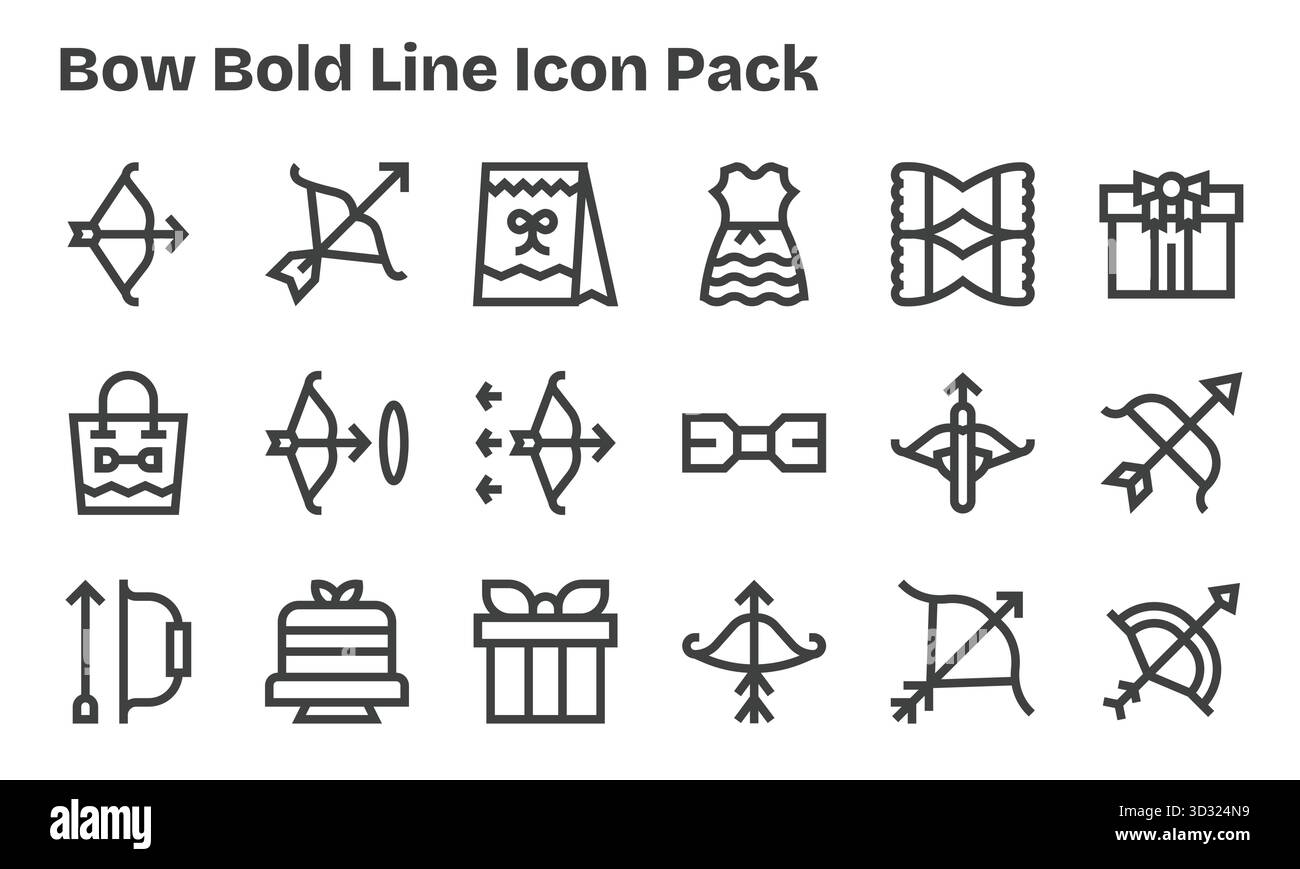Eine übersichtliche Sammlung von 18 Bold Line Symbolen, die Bow repräsentieren und für moderne Dashboards und Schnittstellen entwickelt wurden. Stock Vektor