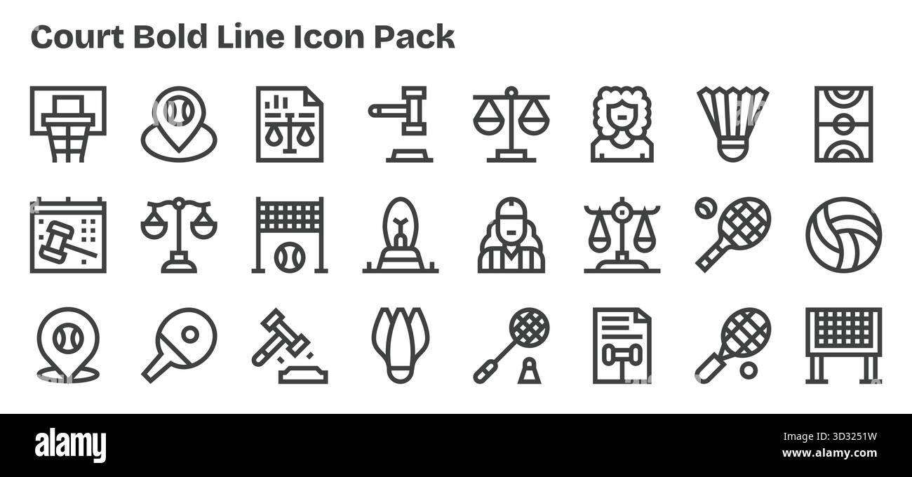 Ein vielseitiger Satz von 24 fett formatierten Vektorsymbolen für den Court, ideal für mobile Anwendungen und Webanwendungen. Stock Vektor