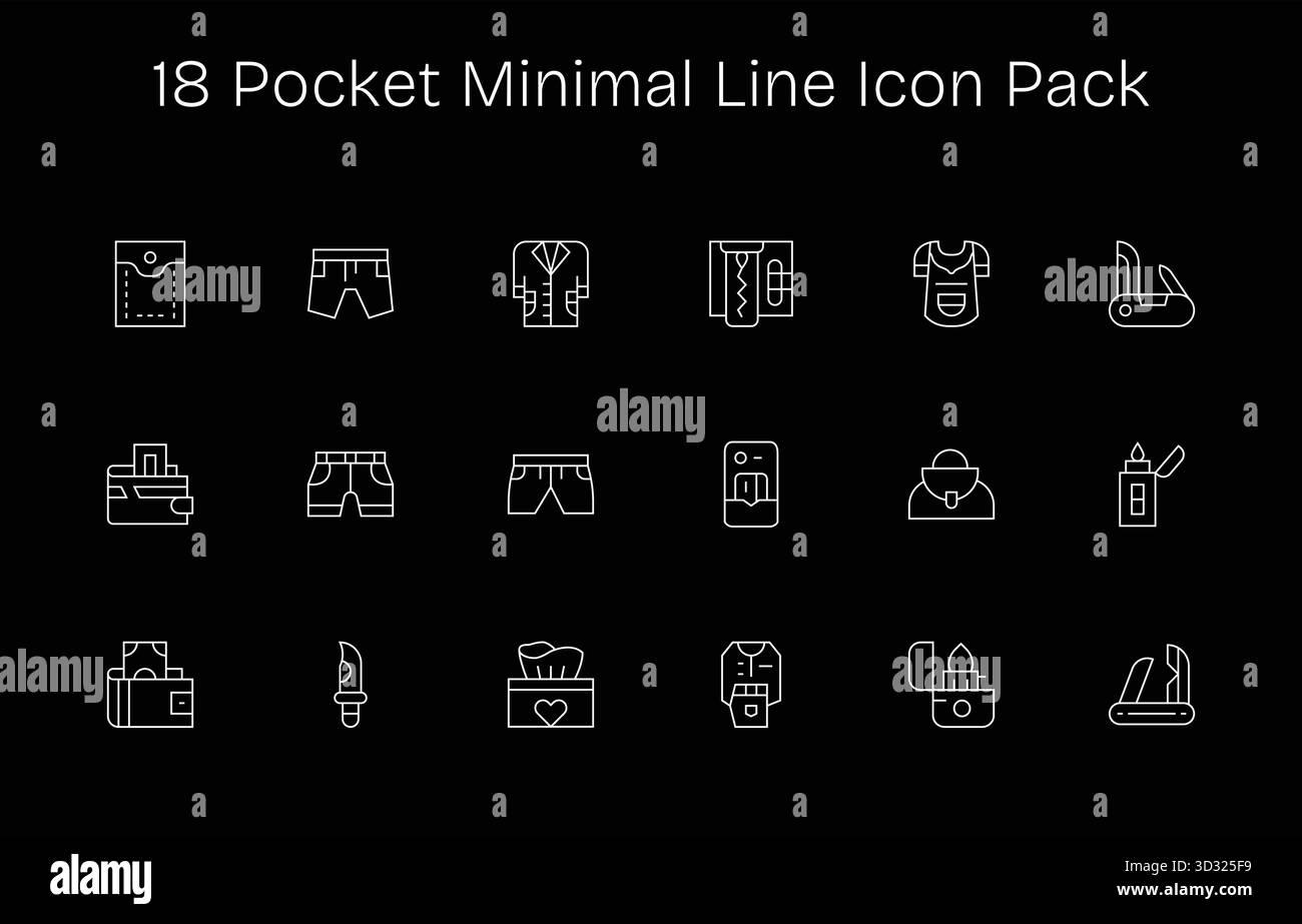 Set aus 18 Symbolen im Minimal Line-Stil im Stil von Pocket, die für die nahtlose Integration in Apps und Websites konzipiert wurden. Stock Vektor