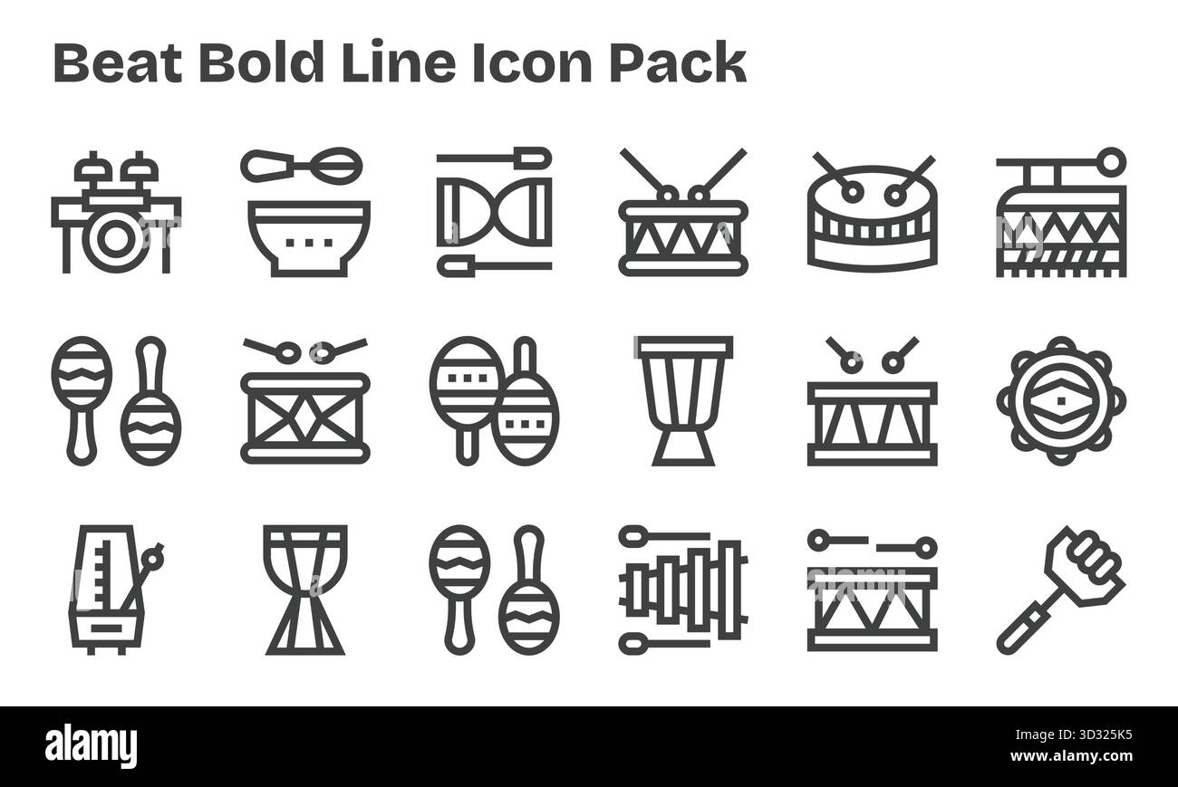 Entdecken Sie ein Set von 18 Bold Line Symbolen, die für das Beat-Thema entwickelt wurden und ideal für moderne UI/UX-Projekte geeignet sind. Stock Vektor