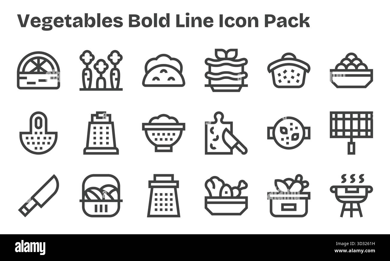 Eine übersichtliche Sammlung von 18 Bold Line Symbolen für Gemüse, die für moderne Dashboards und Schnittstellen entwickelt wurden. Stock Vektor