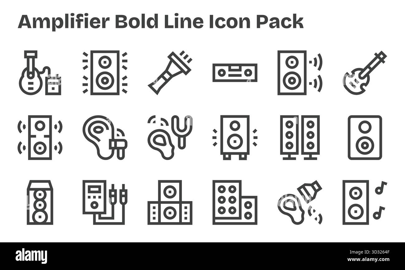 Entdecken Sie ein Set von 18 Bold Line Symbolen, die speziell für das Thema Verstärker entwickelt wurden und ideal für moderne UI/UX-Projekte geeignet sind. Stock Vektor