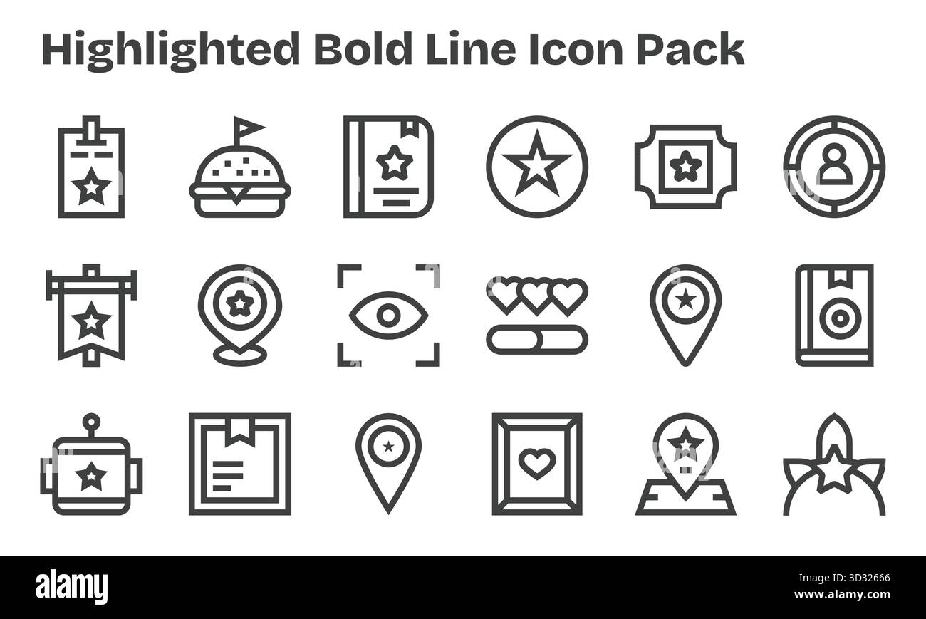 Entdecken Sie ein Set von 18 Bold Line Symbolen, die speziell für das hervorgehobene Thema entwickelt wurden und sich ideal für moderne UI/UX-Projekte eignen. Stock Vektor