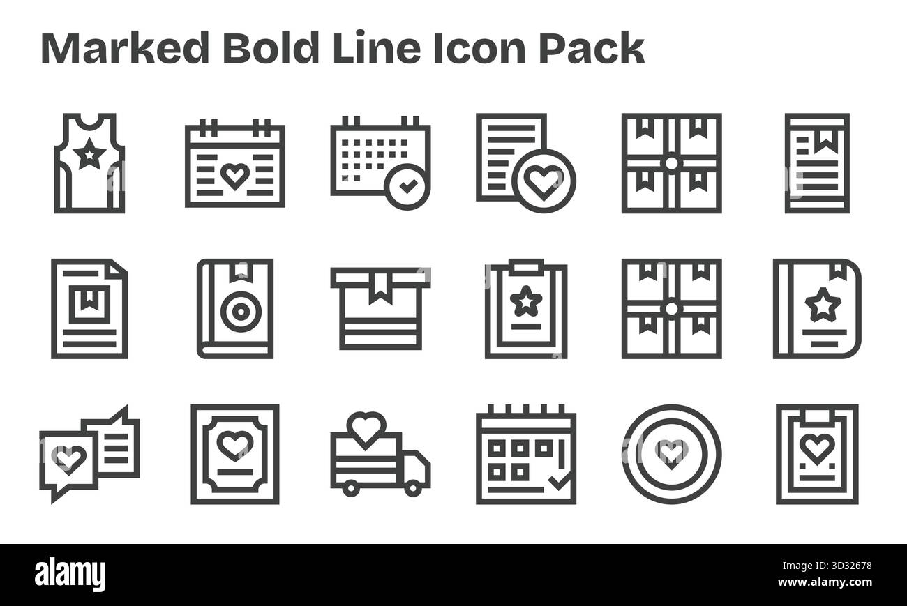 Kuratiertes Paket mit 18 Vektorsymbolen in Bold Line-Design, zentriert auf markierten Konzepten. Stock Vektor