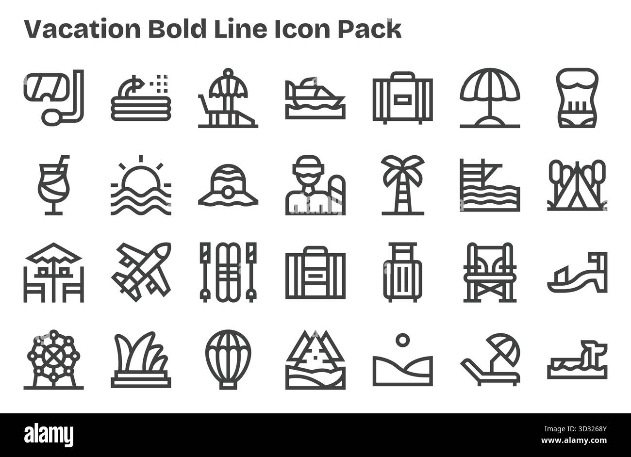 Diese Kollektion enthält 28 Symbole im Extra Bold Line-Stil, die speziell auf das Urlaubsthema zugeschnitten sind und sich hervorragend für digitales Design eignen. Stock Vektor