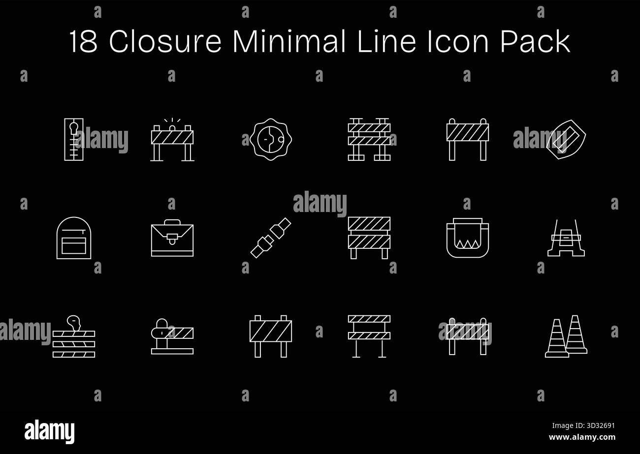 Kollektion von 18 Vektorsymbolen im Minimal Line-Stil zum Verschließen, für Klarheit und Vielseitigkeit. Stock Vektor