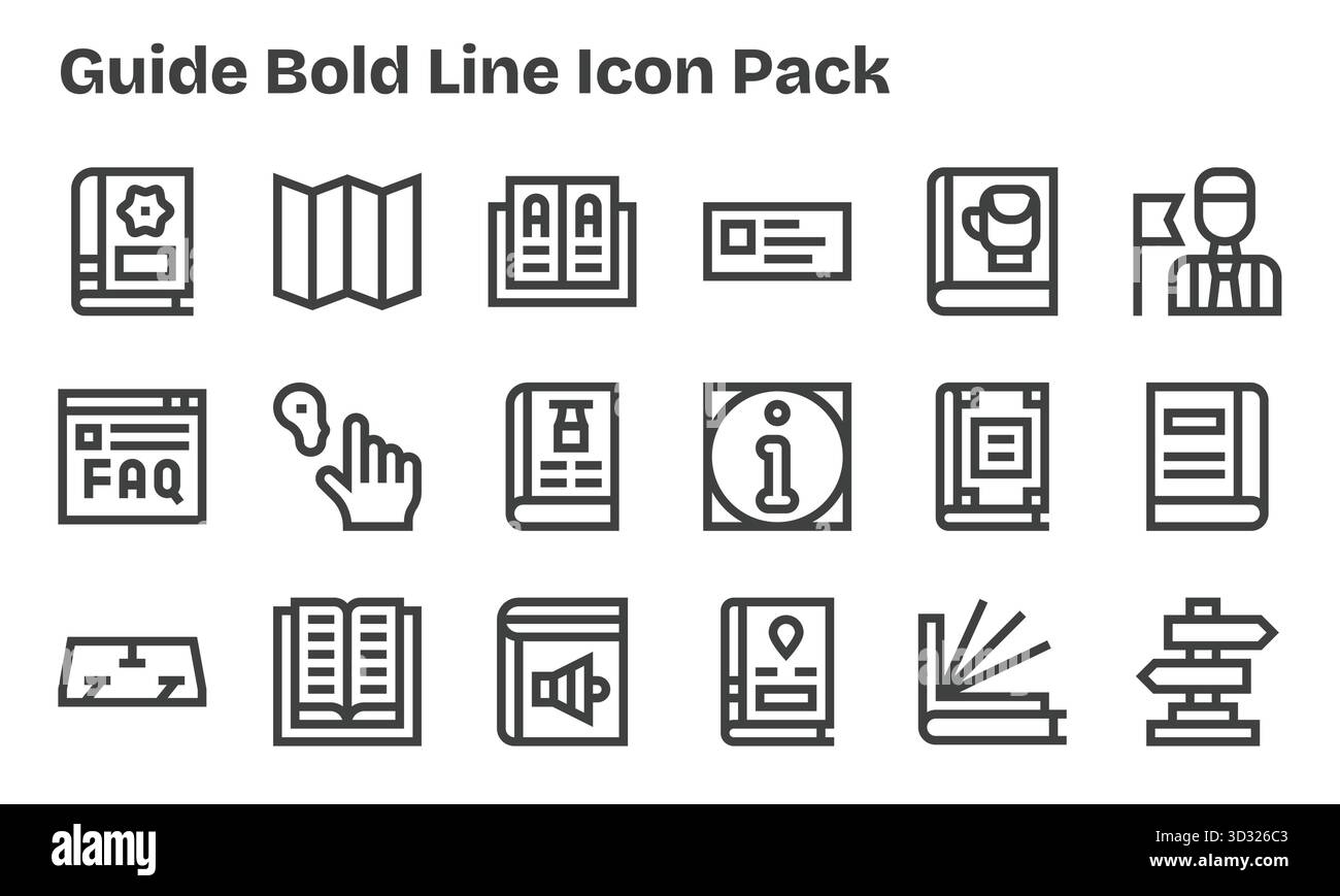Vektorpaket mit 18 Bold Line Symbolen, inspiriert von Guide, ideal für skalierbare und kreative Designarbeiten. Stock Vektor