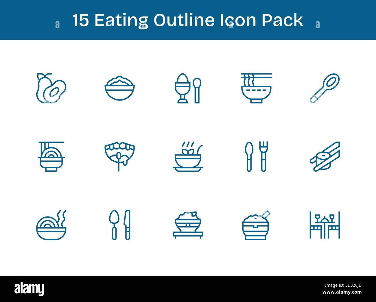 Ein vielseitiges Set von 15 Konturvektorsymbolen, die sich auf das Essen konzentrieren, ideal für mobile Anwendungen und Webanwendungen. Stock Vektor