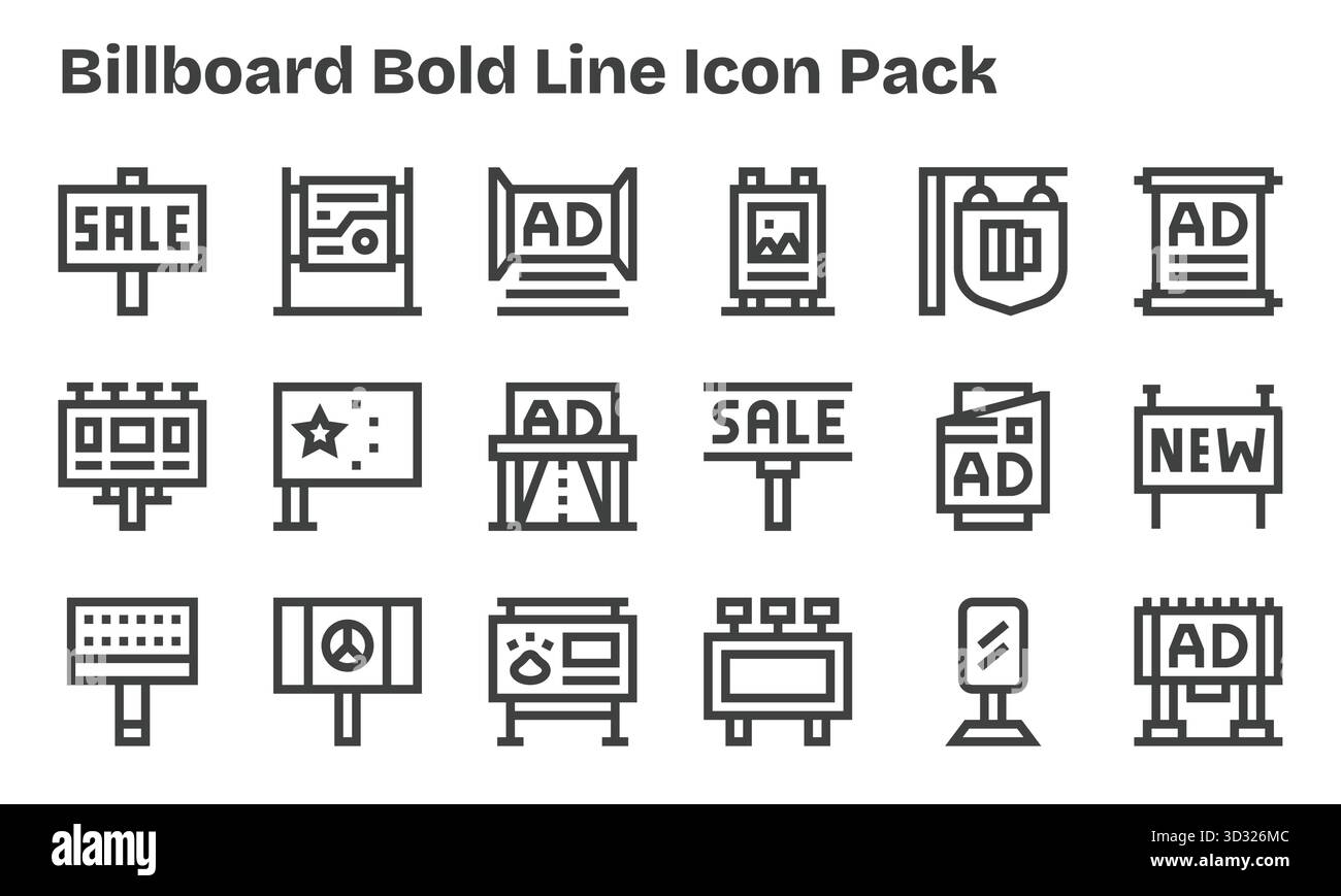 Kuratiertes Paket mit 18 Vektorsymbolen im Bold Line-Design, das sich um Konzepte für Reklametafeln dreht. Stock Vektor