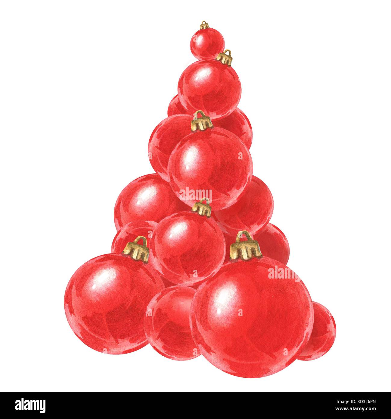 Eine Komposition roter Weihnachtskugeln in Form eines Weihnachtsbaumes. Eine Pyramide von Bällen. Aquarellabbildung. Stockfoto