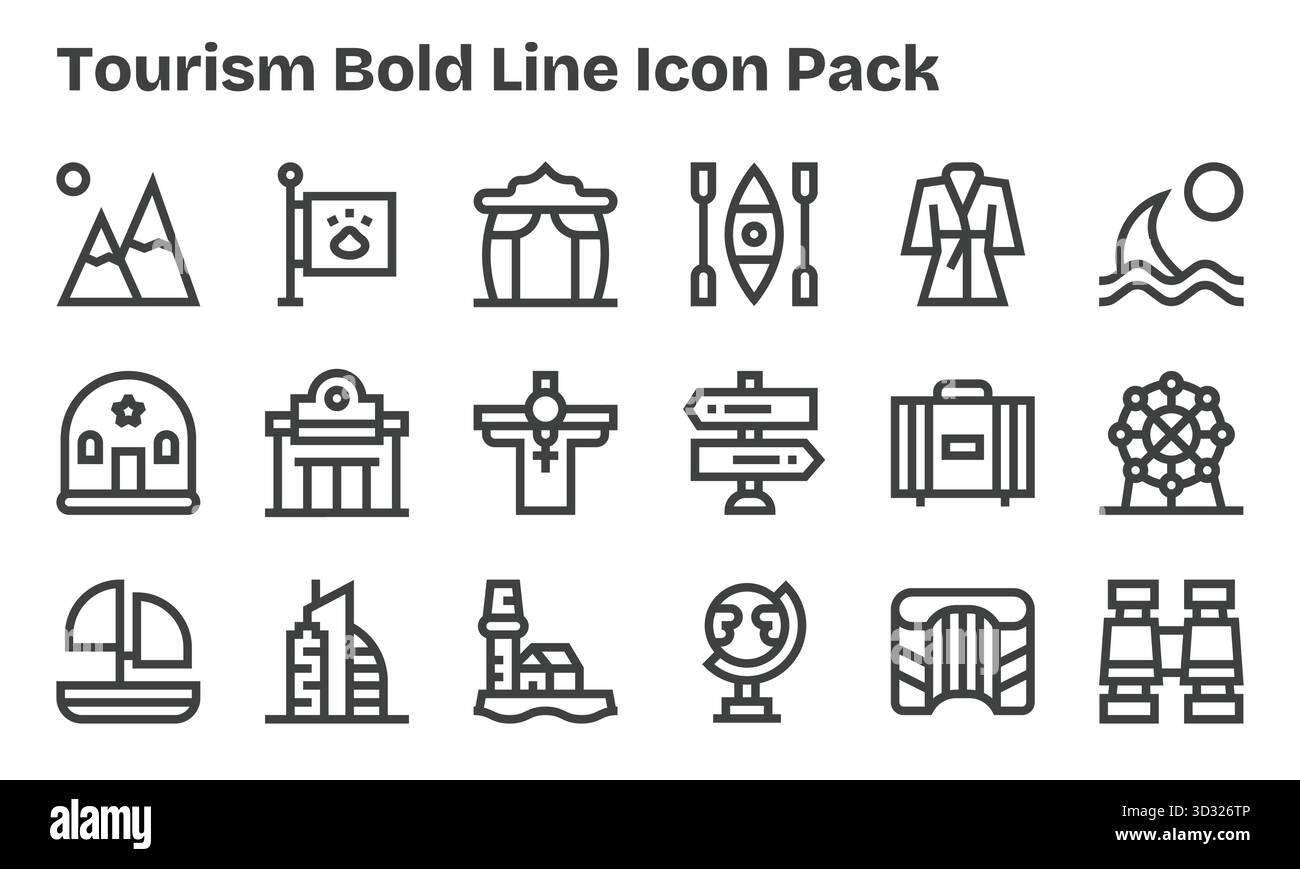 Ein vielseitiges Set aus 18 Vektorsymbolen mit Schwerpunkt auf Tourismus, ideal für mobile Anwendungen und Web-Anwendungen. Stock Vektor