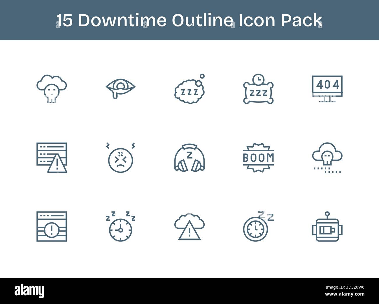 Entdecken Sie 15 Vektorsymbole im Outline-Stil, die von Ausfallzeiten inspiriert sind. Perfekt für Web- und App-Schnittstellen. Stock Vektor