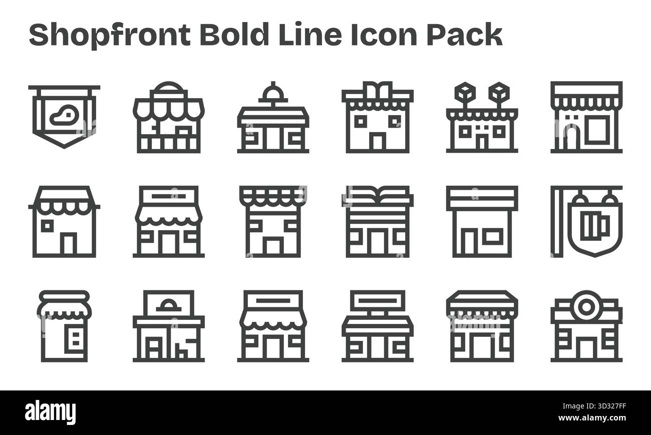 Entdecke 18 Vektorsymbole im Bold Line-Stil, die von der Shopfront inspiriert wurden. Perfekt für Web- und App-Schnittstellen. Stock Vektor