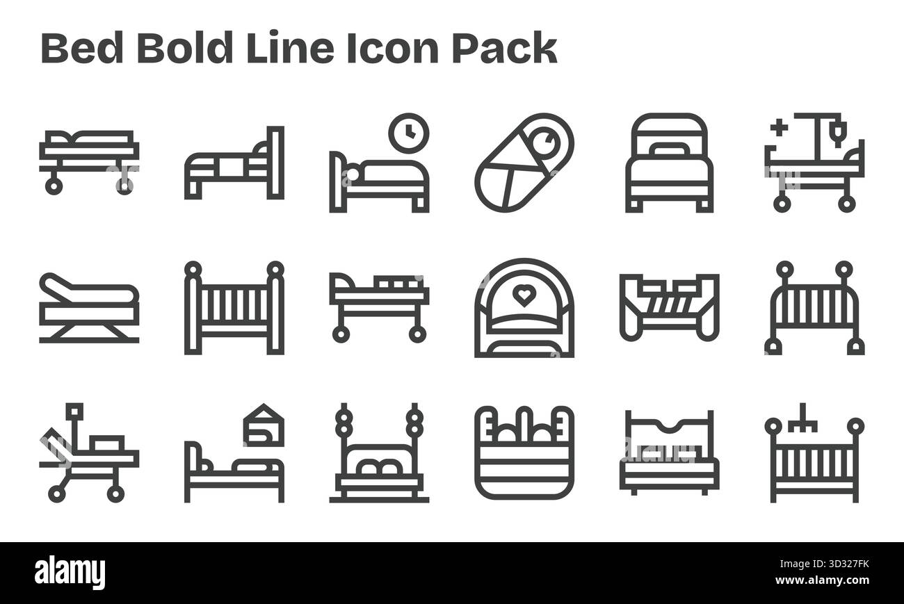 Dieses Set aus 18 Symbolen mit fettgedruckter Linie erfasst Bettmotive und eignet sich perfekt für technische und geschäftliche Anwendungen. Stock Vektor