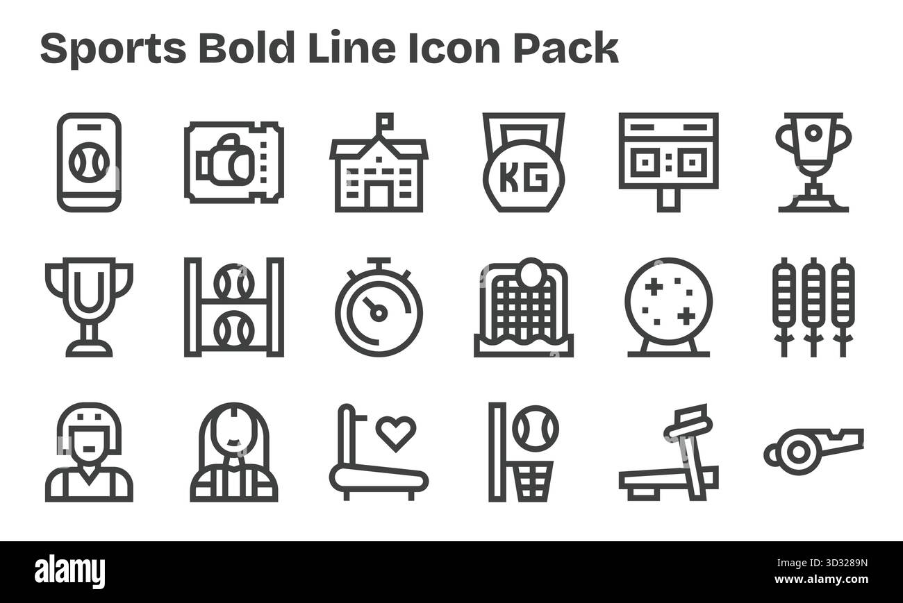 Entdecke 18 Vektorsymbole im Stil der Bold Line, die vom Sport inspiriert sind. Perfekt für Web- und App-Schnittstellen. Stock Vektor