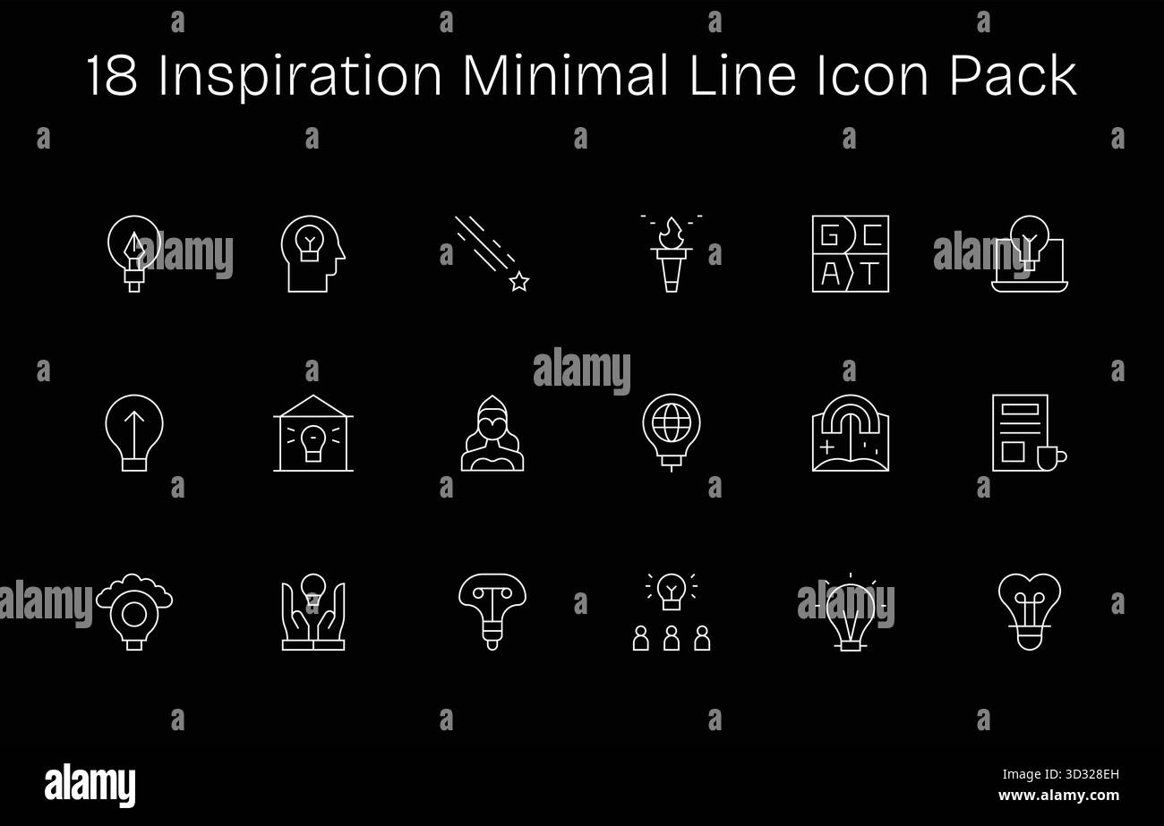 Diese Kollektion umfasst 18 Symbole im minimalen Stil, die speziell auf das Inspirationsthema abgestimmt sind und sich hervorragend für digitales Design eignen. Stock Vektor