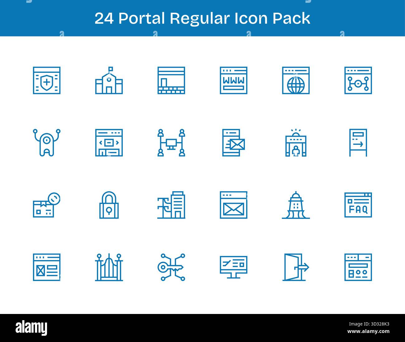 Ein vielseitiger Satz von 24 Vektorsymbolen für reguläre Konturen mit Schwerpunkt auf Portal, ideal für mobile und Web-Anwendungen. Stock Vektor