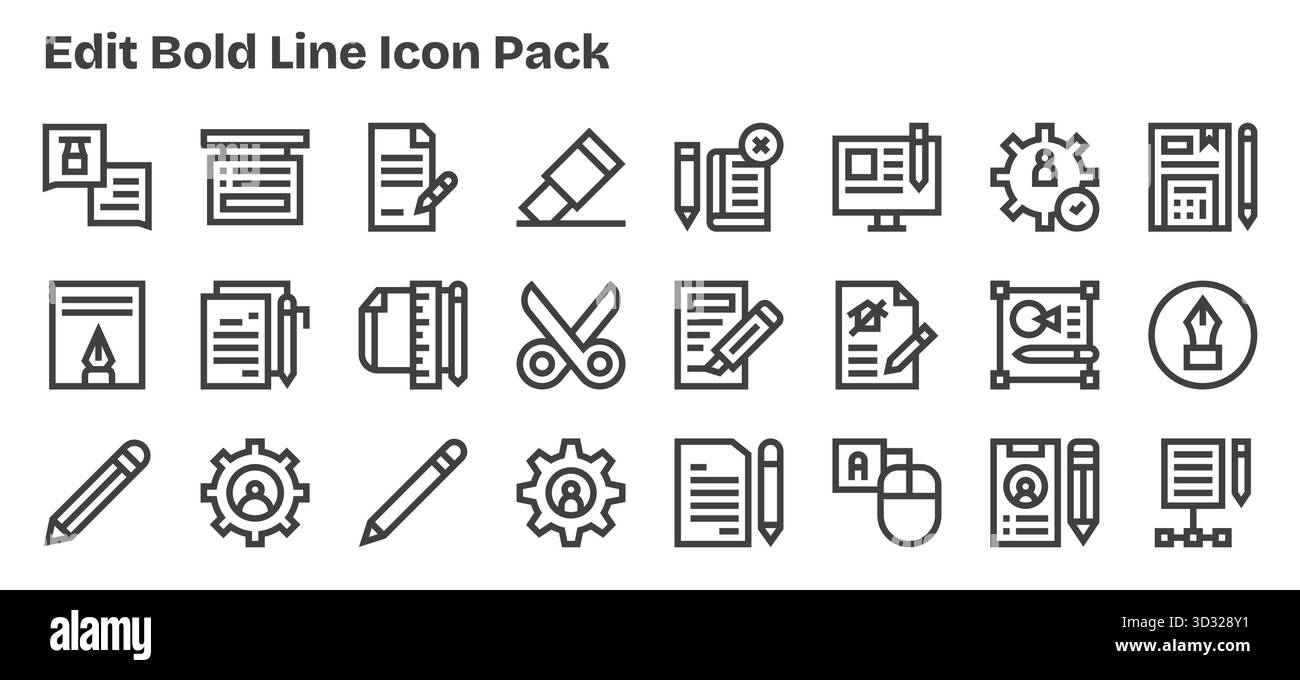 Vektorpaket mit 24 fett formatierten Outline-Symbolen, inspiriert von Edit, ideal für skalierbare und kreative Designarbeiten. Stock Vektor