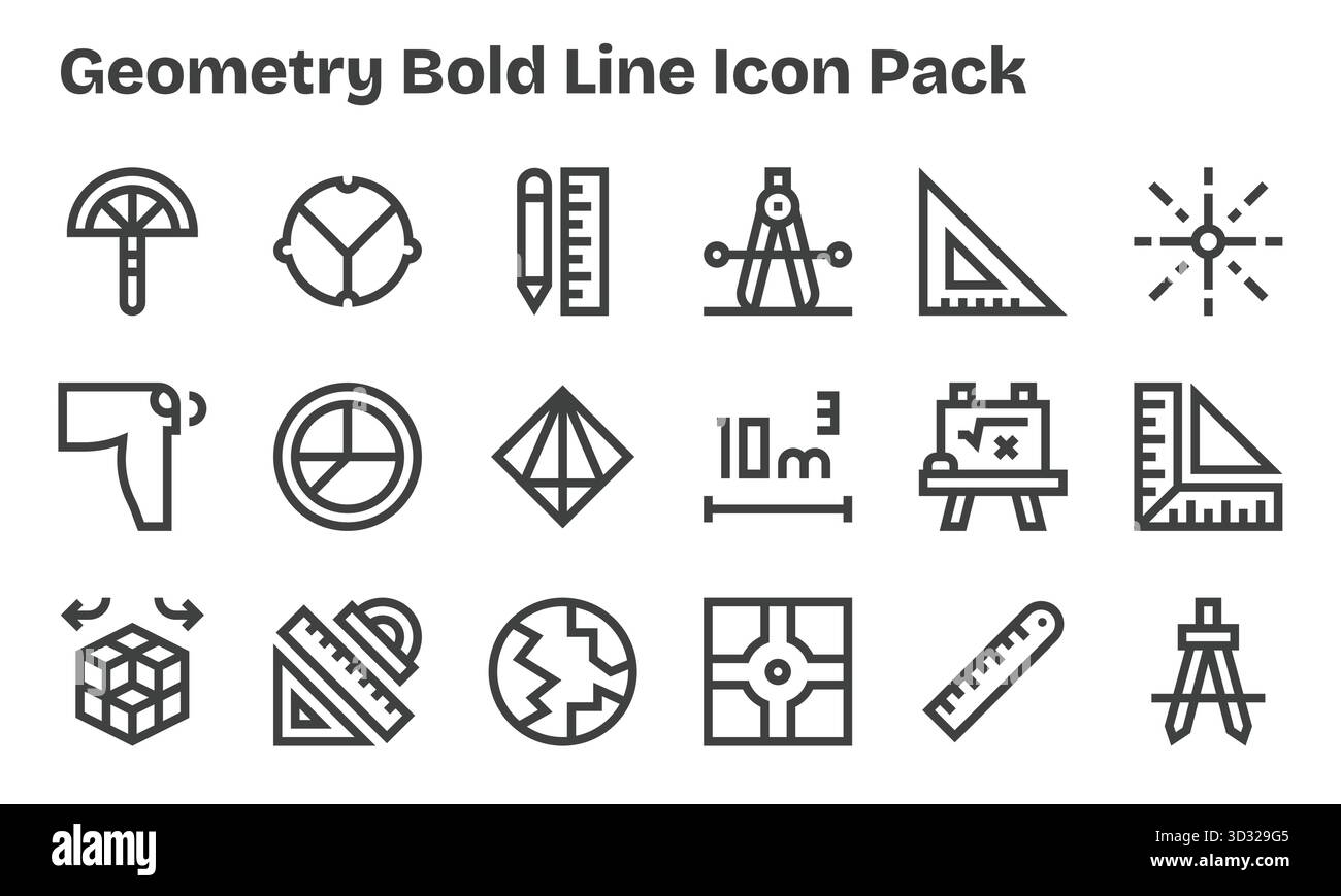 Ein vielseitiger Satz von 18 Vektorsymbolen mit Schwerpunkt auf Geometrie, ideal für mobile Anwendungen und Web-Anwendungen. Stock Vektor