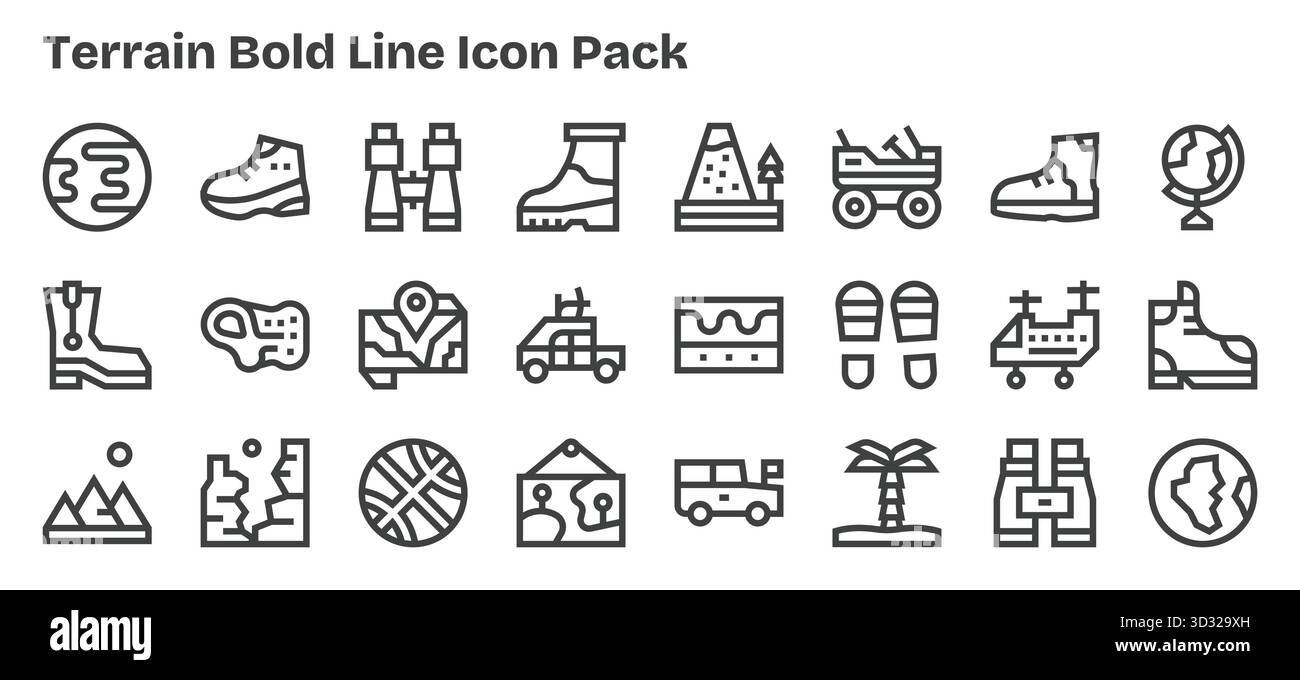 Ein dynamischer Satz von 24 Symbolen im Bold Outline-Stil, speziell für das Gelände und für digitale Produkte. Stock Vektor