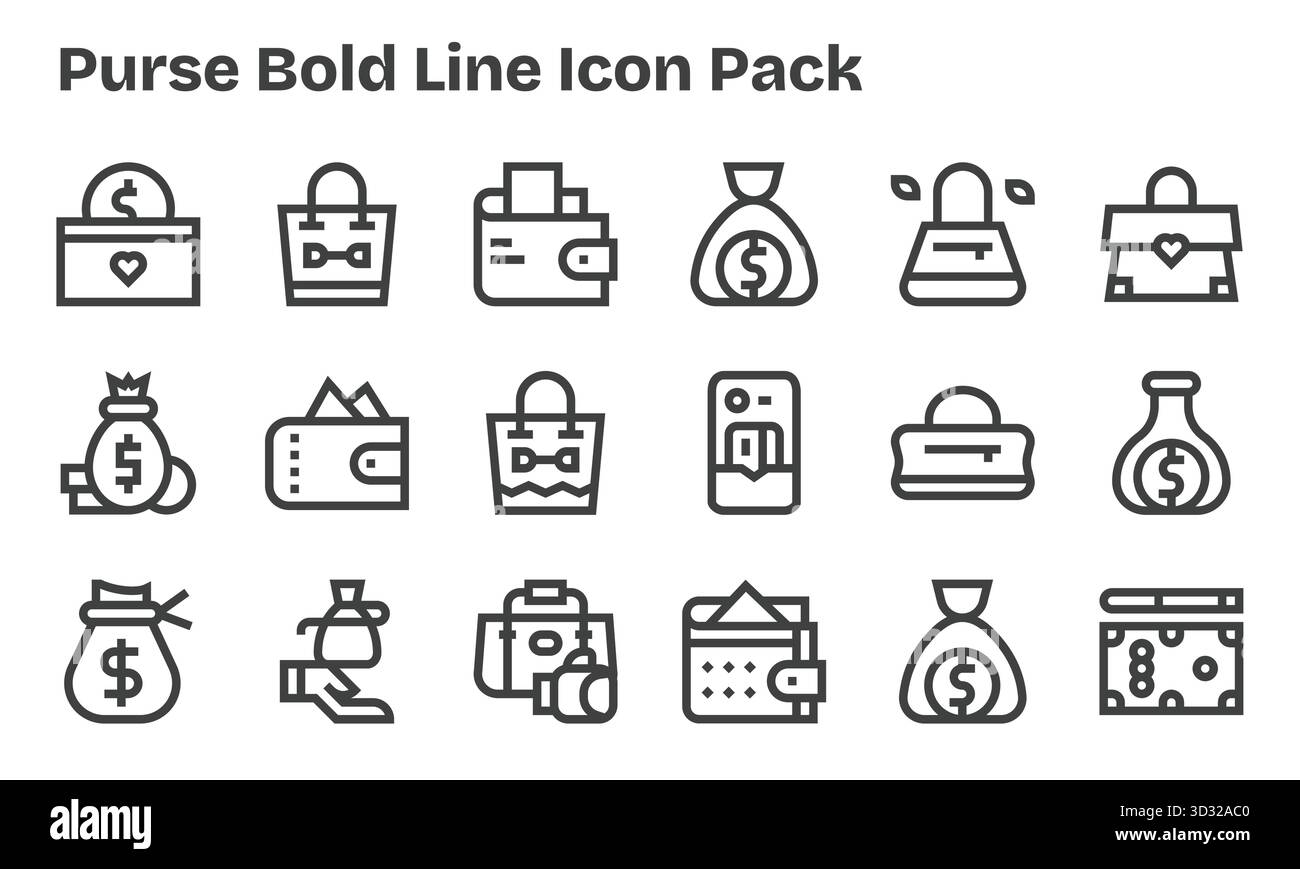 Kollektion von 18 Vektorsymbolen im Bold Line-Stil für Handtasche, für Klarheit und Vielseitigkeit. Stock Vektor
