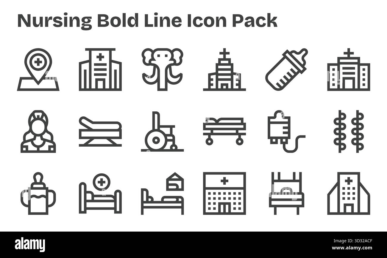 Kollektion von 18 Vektorsymbolen im Stil der Bold Line für die Pflege, die für Klarheit und Vielseitigkeit entwickelt wurden. Stock Vektor