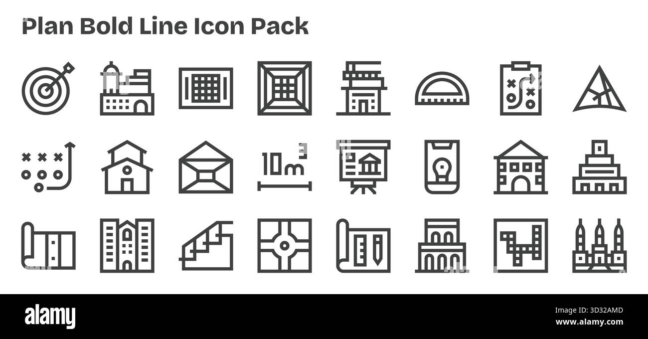 Diese Kollektion enthält 24 Symbole im Outline-Stil, die speziell auf das Design „Plan“ abgestimmt sind und sich hervorragend für digitales Design eignen. Stock Vektor