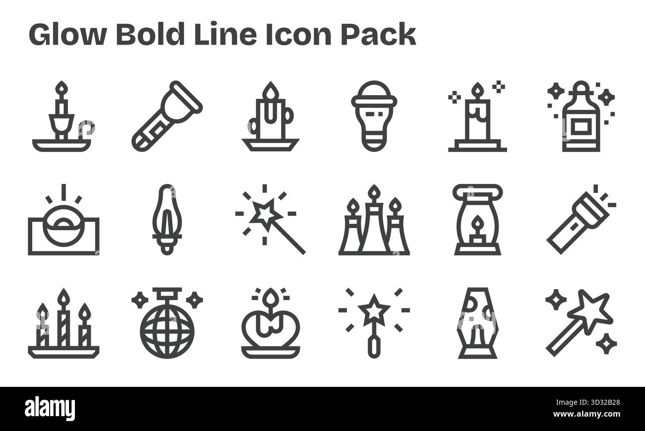Sammlung von 18 Vektorsymbolen im Stil der Bold Line für Glow, die für Klarheit und Vielseitigkeit entwickelt wurden. Stock Vektor