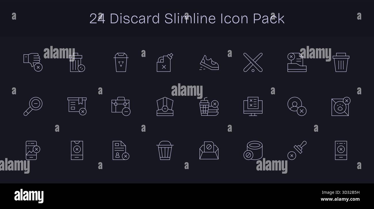 Professionell gestaltete 24 Symbole im Slim Line-Stil, die das Wesen von Discard für das UI-Design einfangen. Stock Vektor