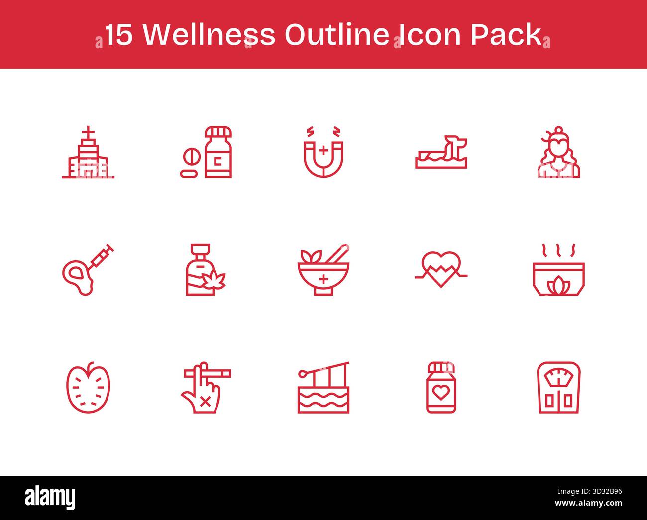 Ein vielseitiges Set aus 15 Vektorsymbolen für Outline-Vektoren mit Schwerpunkt auf Wellness, ideal für mobile Anwendungen und Webanwendungen. Stock Vektor