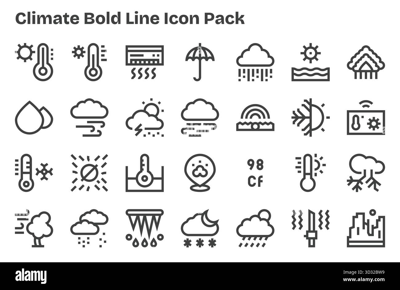 Ein dynamischer Satz von 28 Symbolen im Extra Bold Line-Stil, speziell für das Klima und für digitale Produkte. Stock Vektor