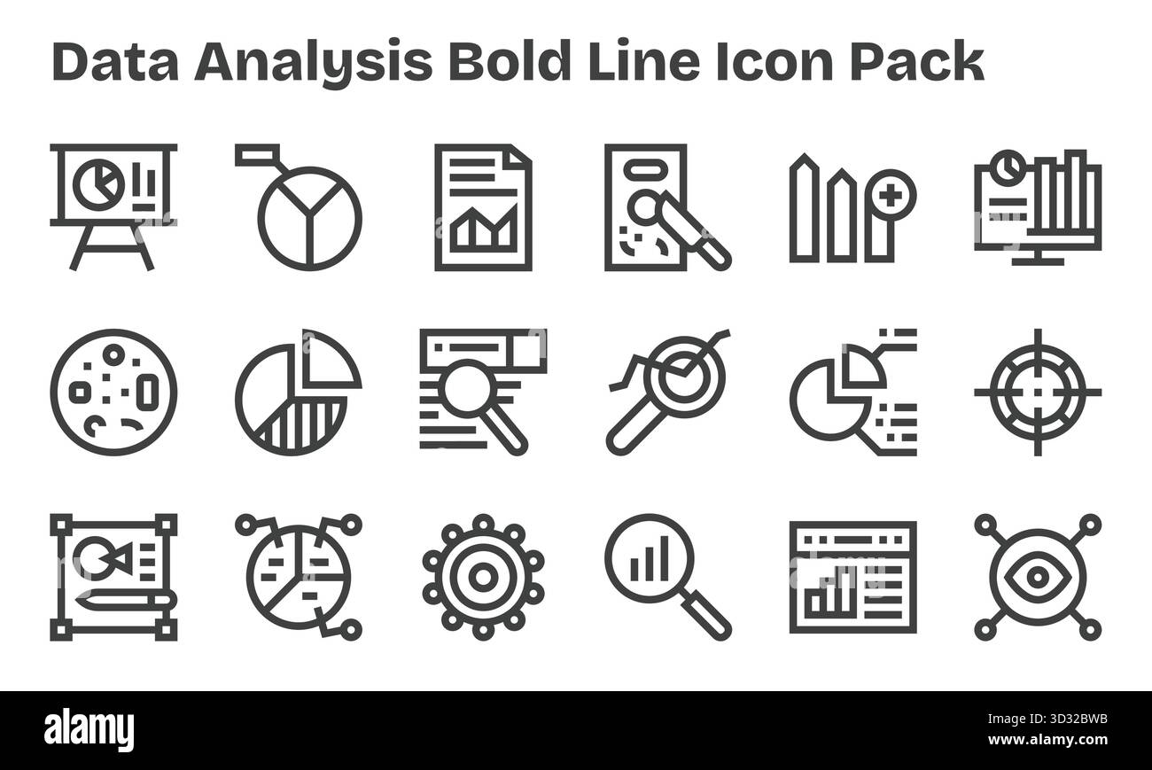 Dieses Set aus 18 Symbolen mit fettgedruckten Linien erfasst Datenanalysen, die sich perfekt für technische und geschäftliche Anwendungen eignen. Stock Vektor